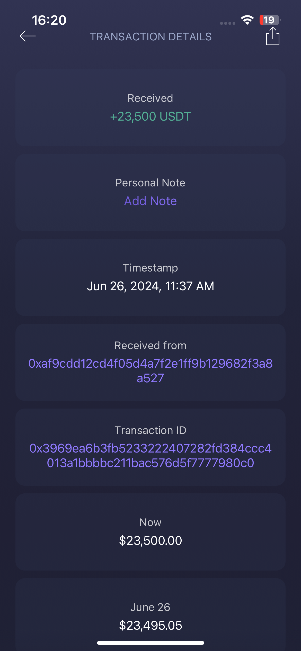 Fake transaction details showing received